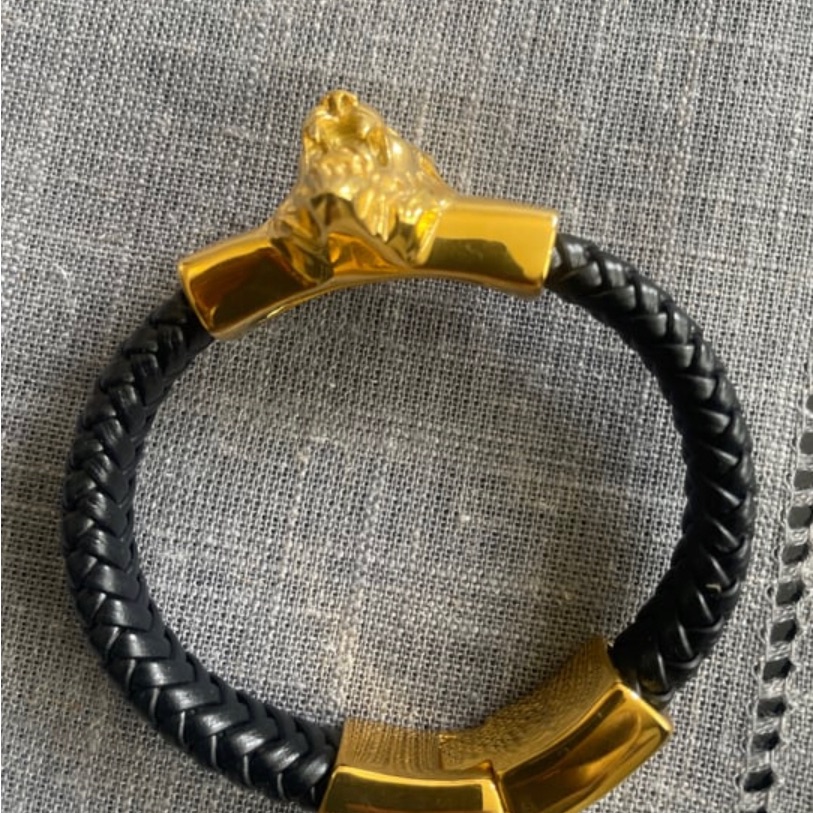 Description Gold Plated Black Leather Unisex Bracelet